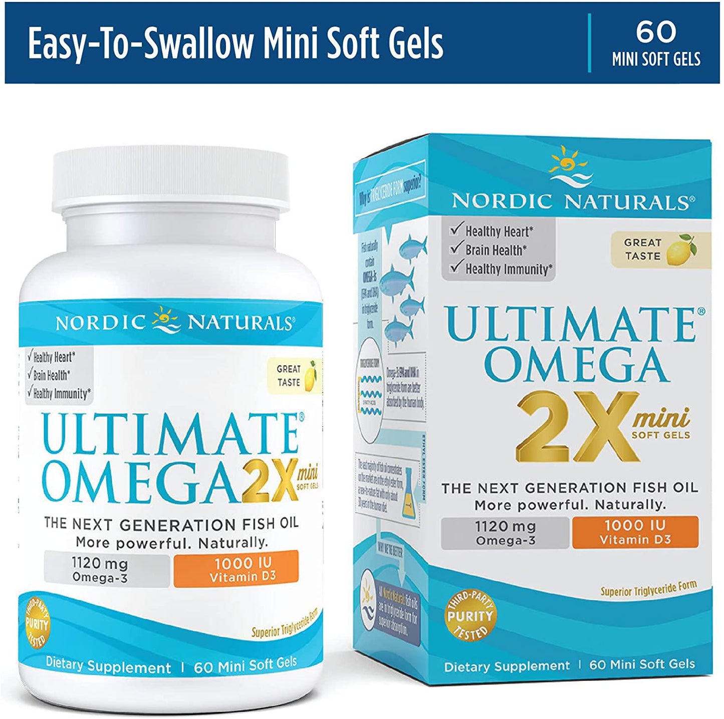Nordic Naturals Ultimate Omega 2X Mini D3, Lemon Flavor - 1120 mg Omega-3 + 1000 IU Vitamin D3-60 Mini Soft Gels - Omega-3 Fish Oil - EPA and DHA - Promotes Brain and Heart Health - 30 Servings
