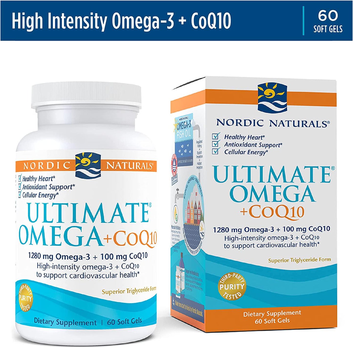 Nordic Naturals Ultimate Omega + CoQ10, Lemon - 60 Soft Gels - 1280 mg Omega-3 + 100 mg CoQ10 - Heart Health, Cellular Energy, Antioxidant Support - Non-GMO - 30 Servings