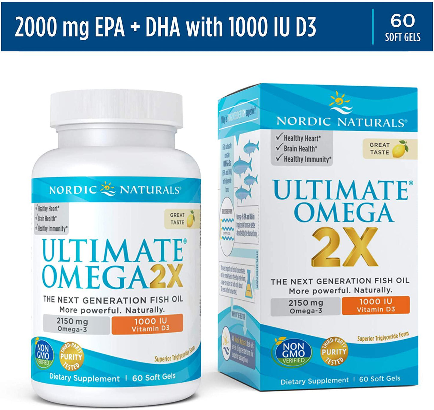 Nordic Naturals Ultimate Omega 2X with Vitamin D3, Lemon Flavor - 2150 mg Omega-3 + 1000 IU D3-60 Soft Gels - Omega-3 Fish Oil - EPA and DHA - Brain, Heart, Joint, Immune Health - 30 Servings
