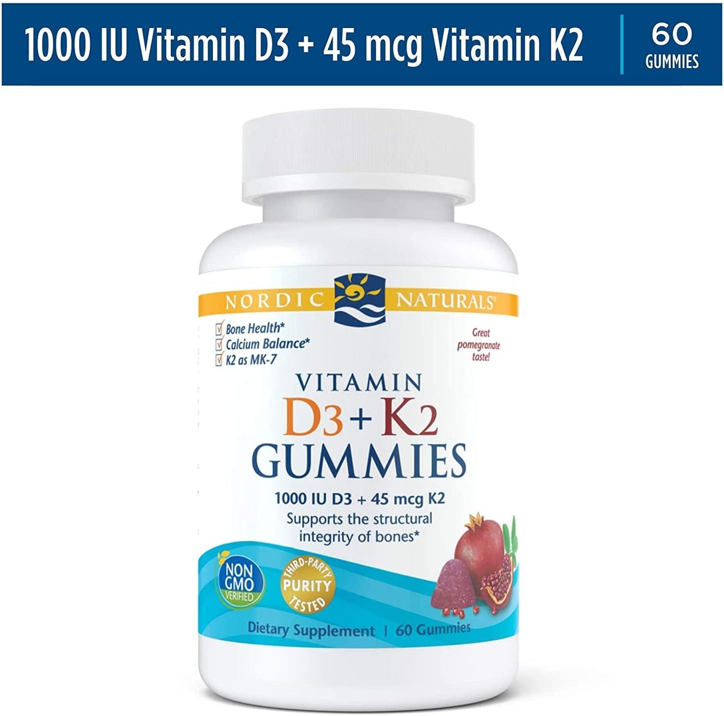 Nordic Naturals Vitamin D3 Plus K2 Gummies - Vitamin D3 from Natural Cholecalciferol for Optimal Calcium Absorption With Vitamin K2, Supports Formation of Healthy Bones, Pomegranate Flavor, 60 Count