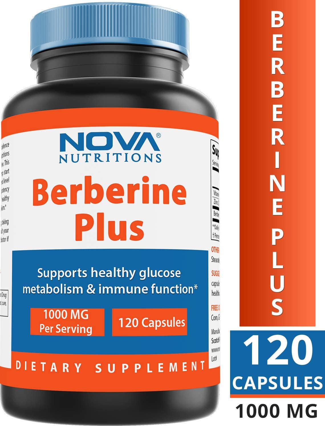 Nova Nutritions Berberine Plus 1000 mg per Serving (Non-GMO) 120 Capsules - Promotes Healthy Blood Sugar Level
