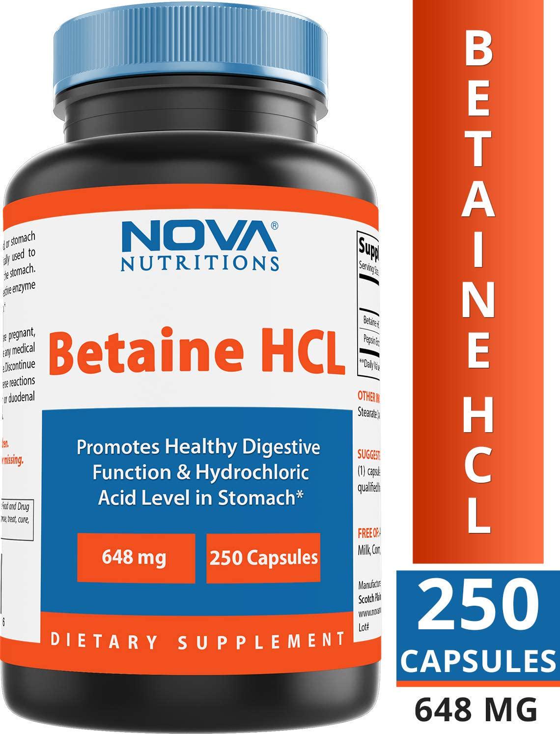 Nova Nutritions Betaine HCL with Pepsin Digestive Enzyme 648 mg 250 Capsules - Tested For Quality and Safety, Gluten Free and Non-GMO