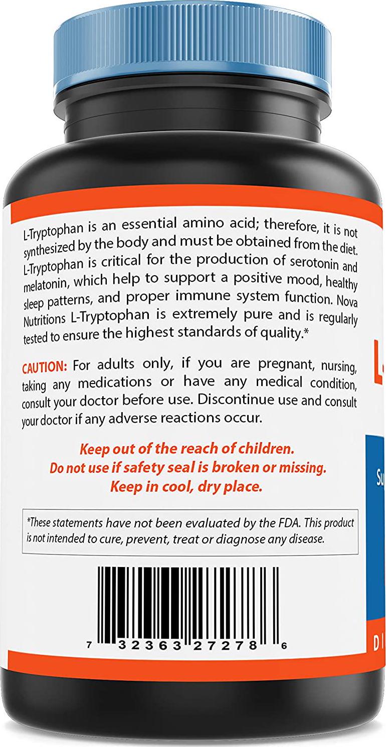 Nova Nutritions L-Tryptophan 500 mg 120 Capsules - Tryptophan Supplements for Natural Sleep Aid, Stress Relief, Circulation and Immune Support