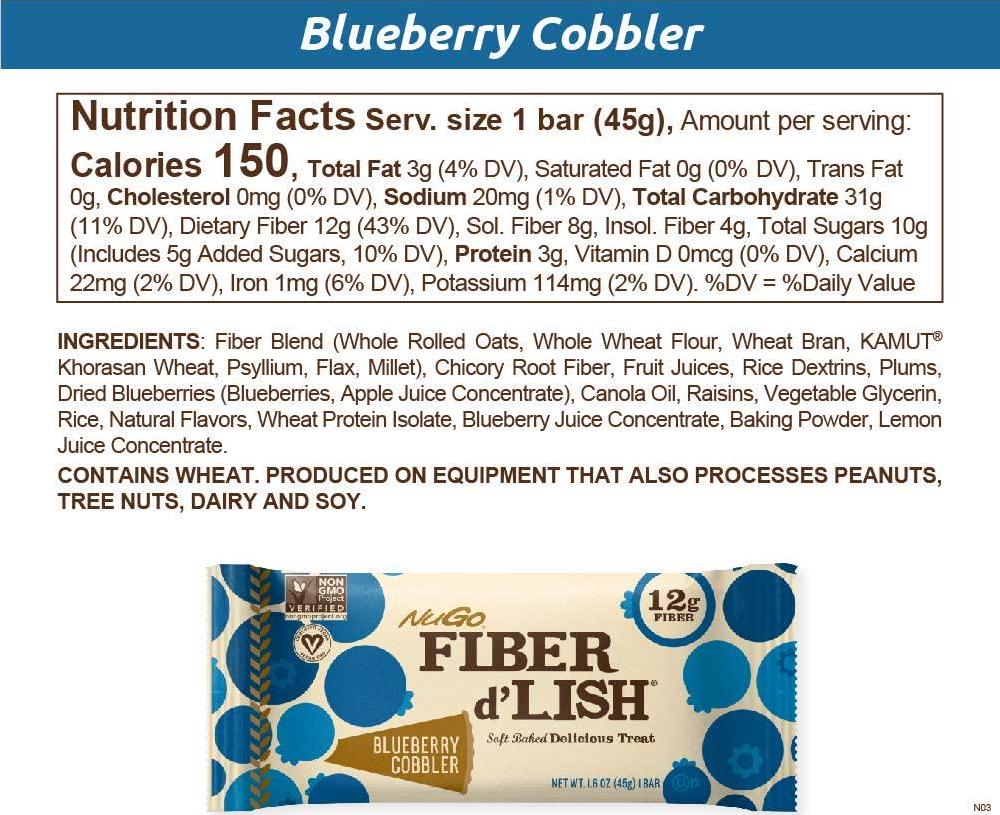 NuGo Fiber d'Lish Blueberry Cobbler, 12g High Fiber, Vegan, 150 Calories, 16 Count