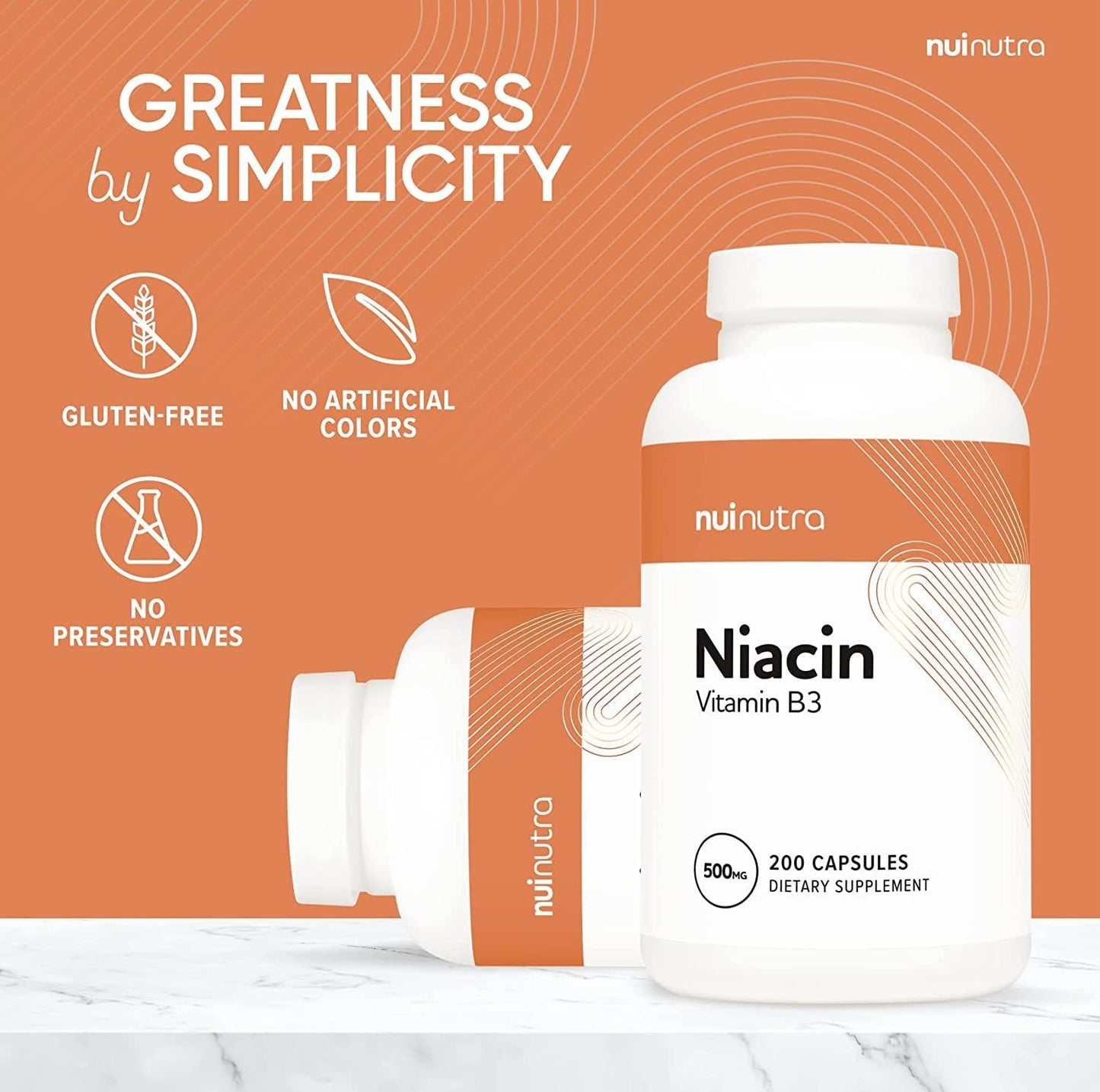 Nui Nutra Niacin (Vitamin B3) Supplement | 500mg | 200 Capsules | Nervous and Cardiovascular System Boost | Skin, Brain, Energy, and Metabolism Support | with Flushing