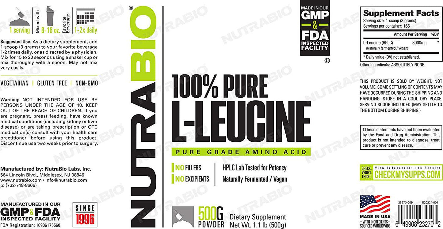 NutraBio 100% Pure L-Leucine Powder - 500 Grams