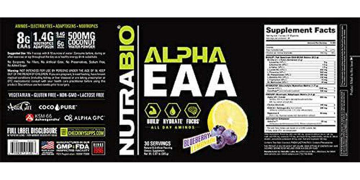 NutraBio Alpha EAA - All-Day Aminos - Recovery, Energy, Focus, and Hydration Supplement - Full Spectrum EAA BCAA Matrix, Electrolytes, Nootropics, Coconut Water - 30 Servings - Blueberry Lemonade
