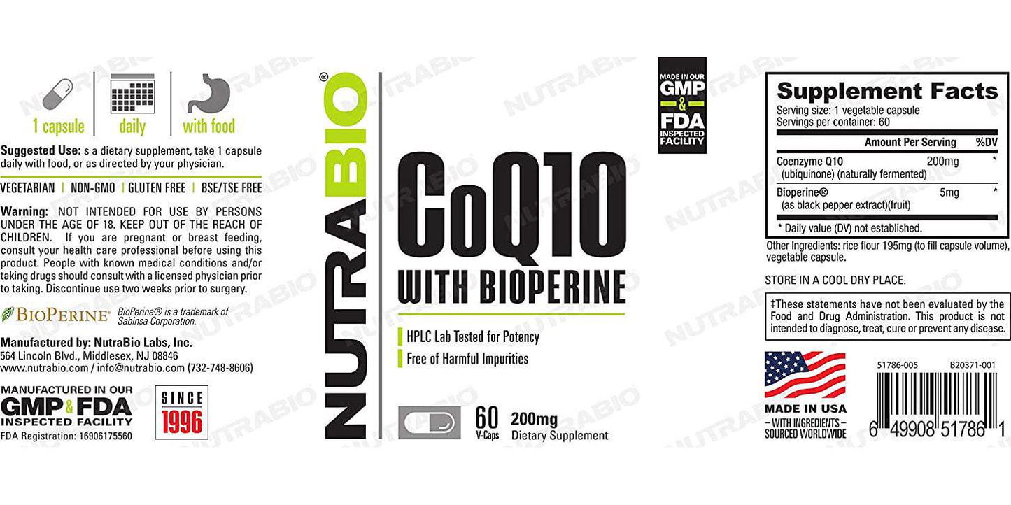 NutraBio CoQ10 Dietary Supplement with Bioperine (60 Capsules, 200mg)