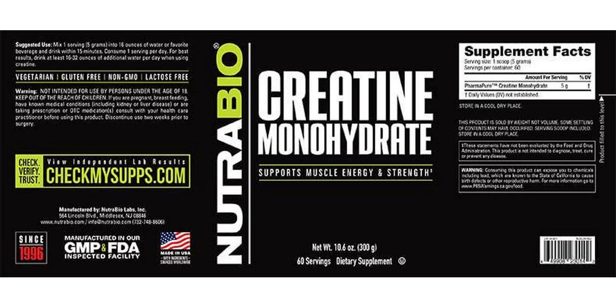 NutraBio Creatine Monohydrate - Pure Grade - Supports Muscle Energy and Strength - (300 Grams) - Unflavored, HPLC Tested (300g)