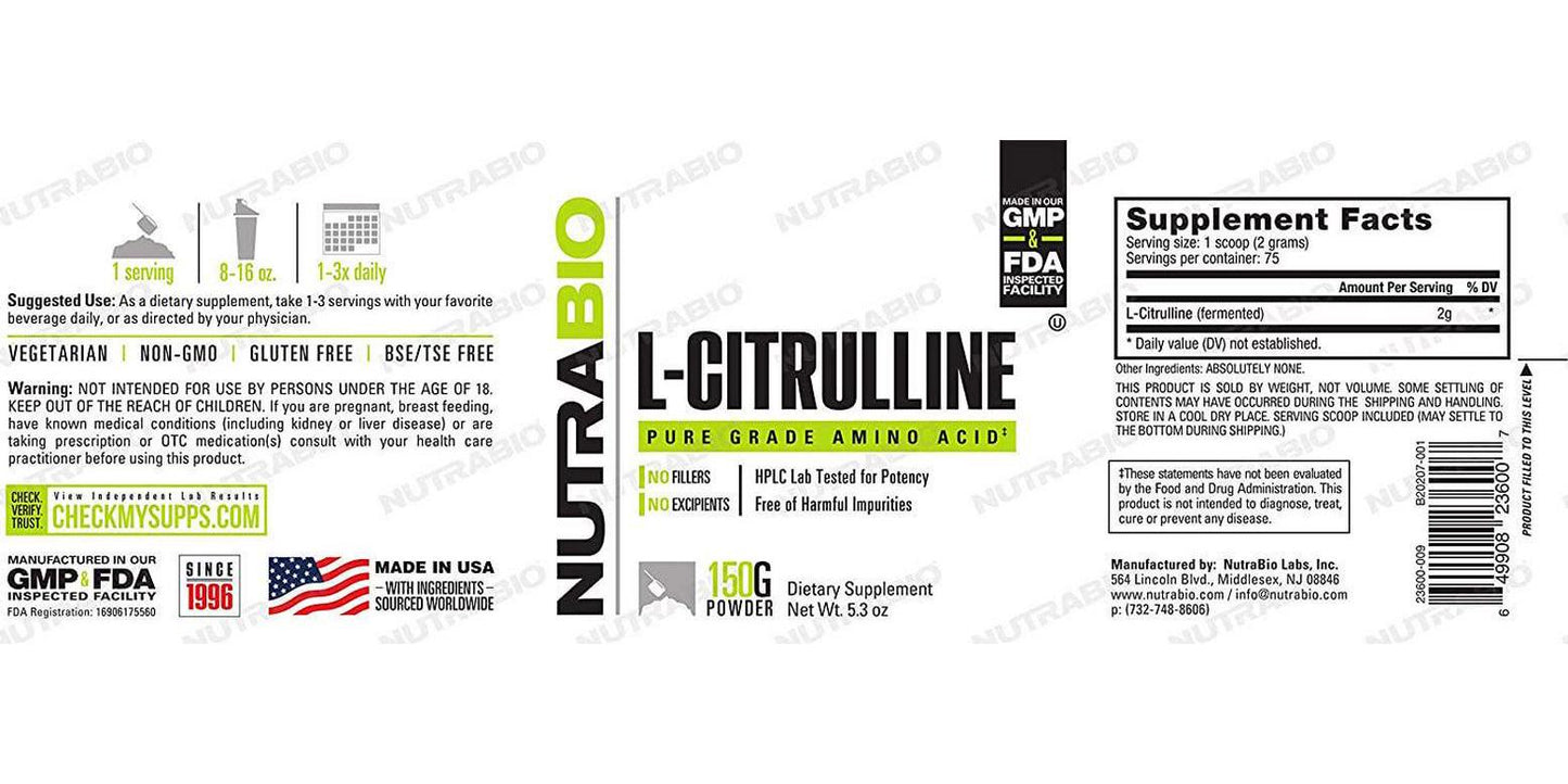 NutraBio L-Citrulline Powder, Nitric Oxide Booster 150 Grams
