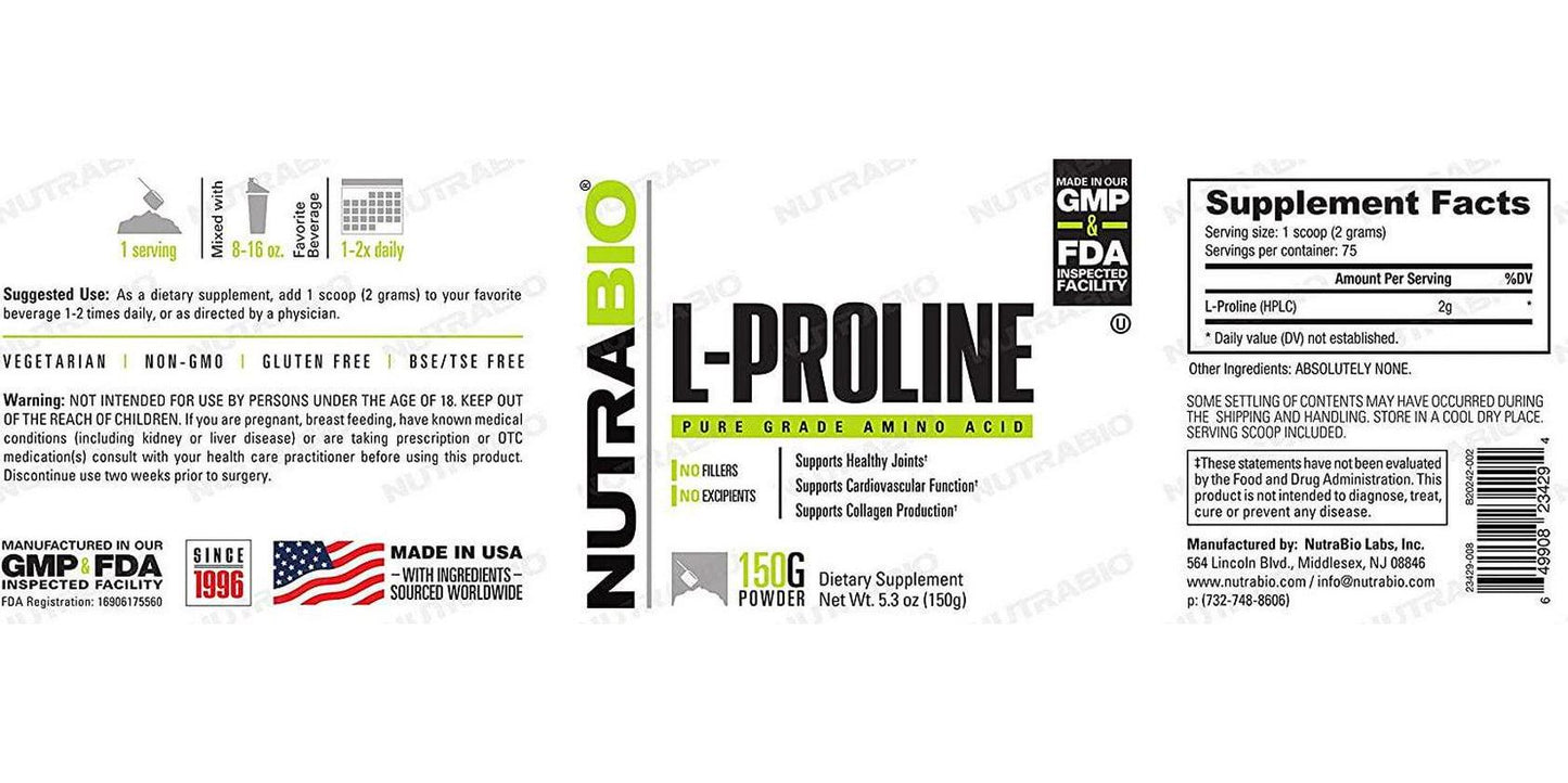 NutraBio L-Proline Supplement (150 Grams of Powder)