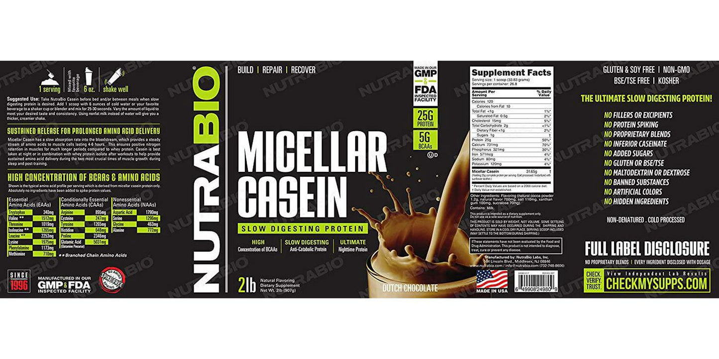 NutraBio Micellar Casein Protein Powder, 2 lbs, Dutch Chocolate