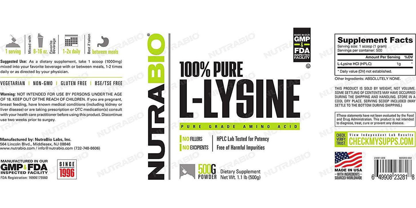 NutraBio NutraBio Lysine Powder 500 Grams