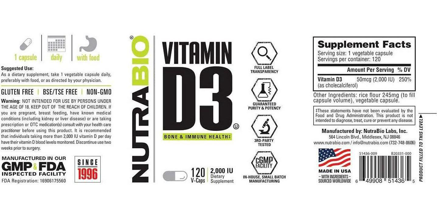 NutraBio Vitamin D (2000 IU) - 120 Vegetable Capsules