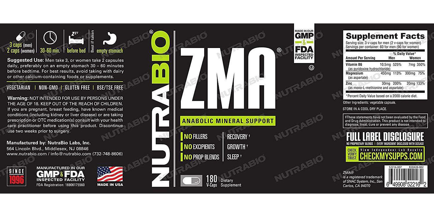 NutraBio - ZMA Anabolic Mineral Support - 180 Vegetarian Capsules