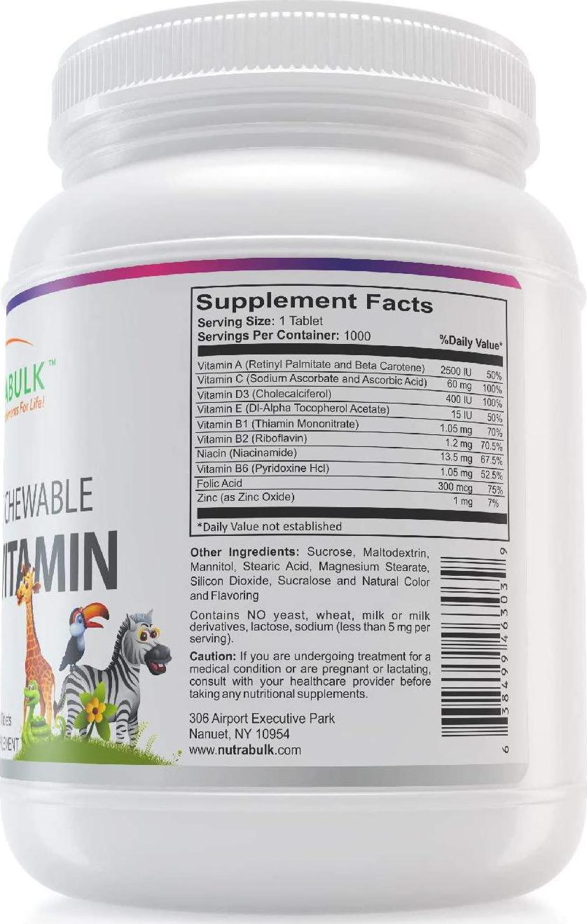 NutraBulk Children's Chewable Multi-Vitamin Tablets for Kids to Support Immune, Bone, and Brain, Contains All Natural Vitamins, Minerals, B Complex. Cherry Flavor (1000 Count)