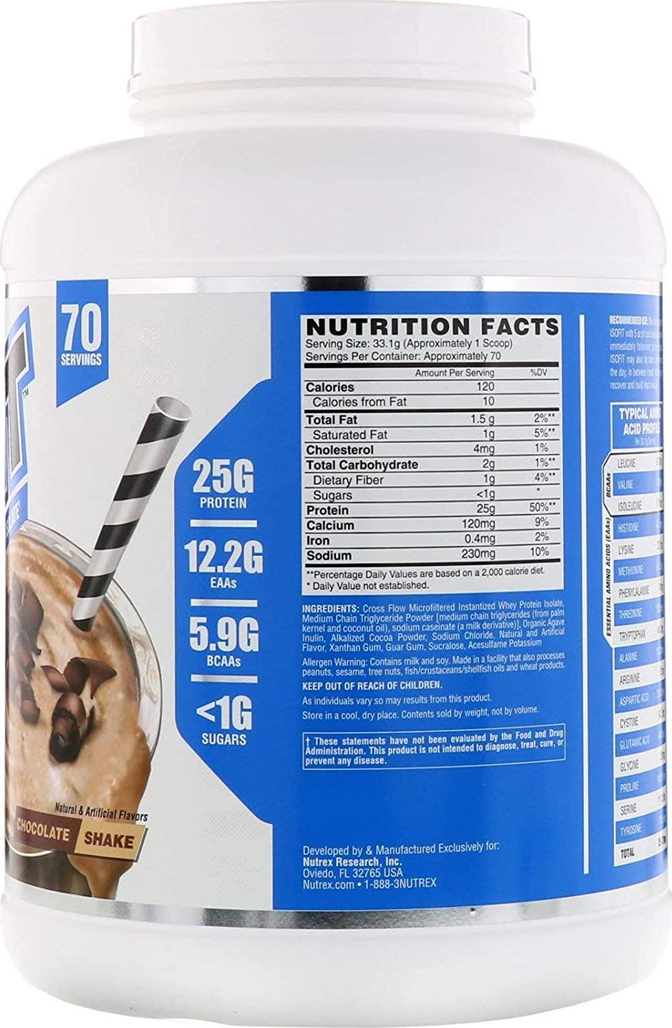 Nutrex Research IsoFit Whey Protein Isolate Powder, Chocolate Shake 2.31 kilograms