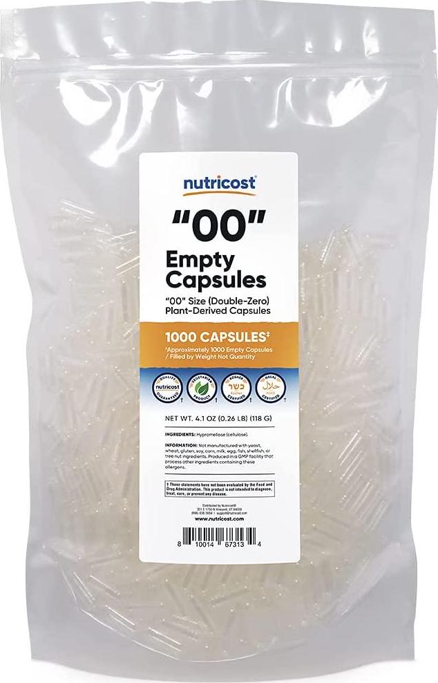 Nutricost Empty Capsules Size 00 Vegan - 1,000 Clear Empty Plant-Based Capsules - Kosher Certified, Halal Certified, Non-GMO, Soy Free, Gluten Free, Vegetarian
