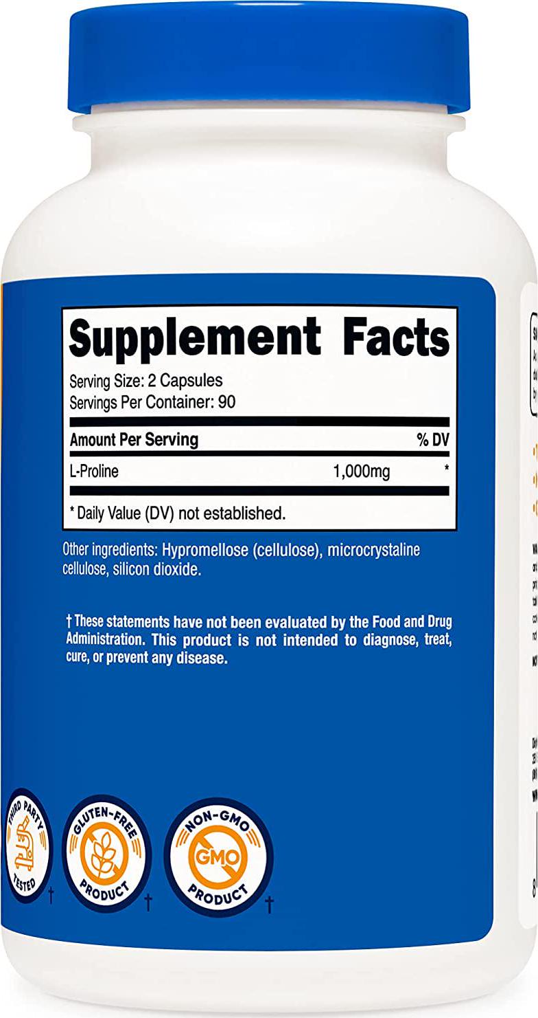 Nutricost L-Proline 1000mg, 180 Capsules (90 Servings) - 500mg Per Cap, Non-GMO, Gluten Free