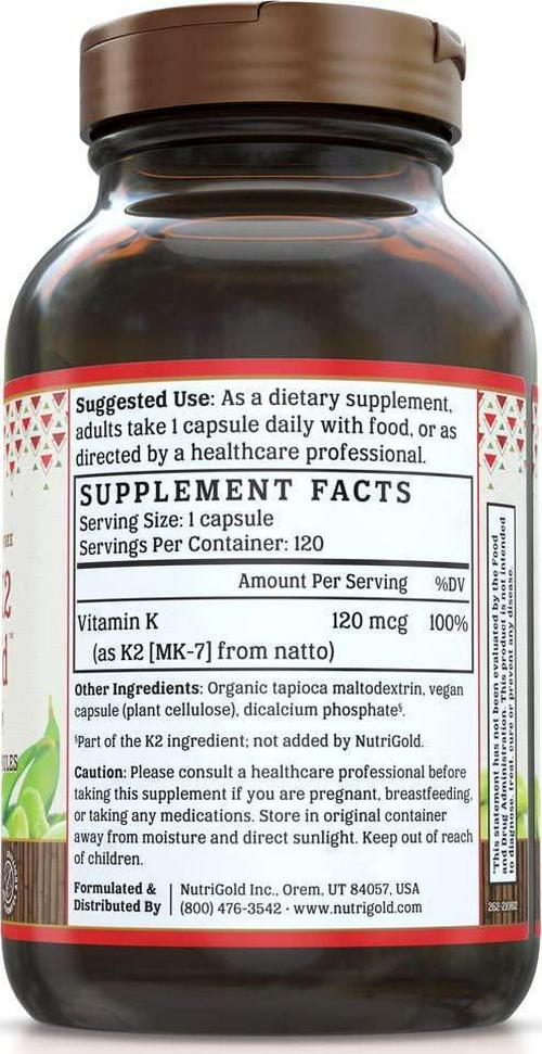 Nutrigold Vitamin K2 MK7 Supplement, 120 Capsules, Bone and Heart Support, Non-GMO, Vegan, Kosher Vitamin K Supplement with MK-7 (Vitamin K2 MK-7)