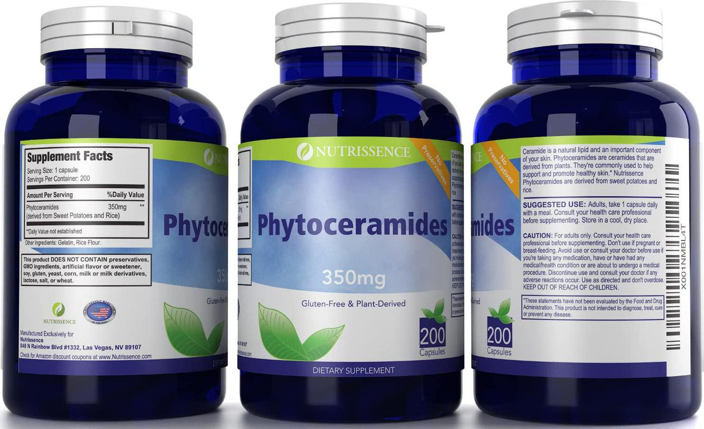 Nutrissence Phytoceramides 350mg 200 Capsules - Gluten Free - Plant Derived Ceramide Supplement - Sweet Potatoes and Rice Based