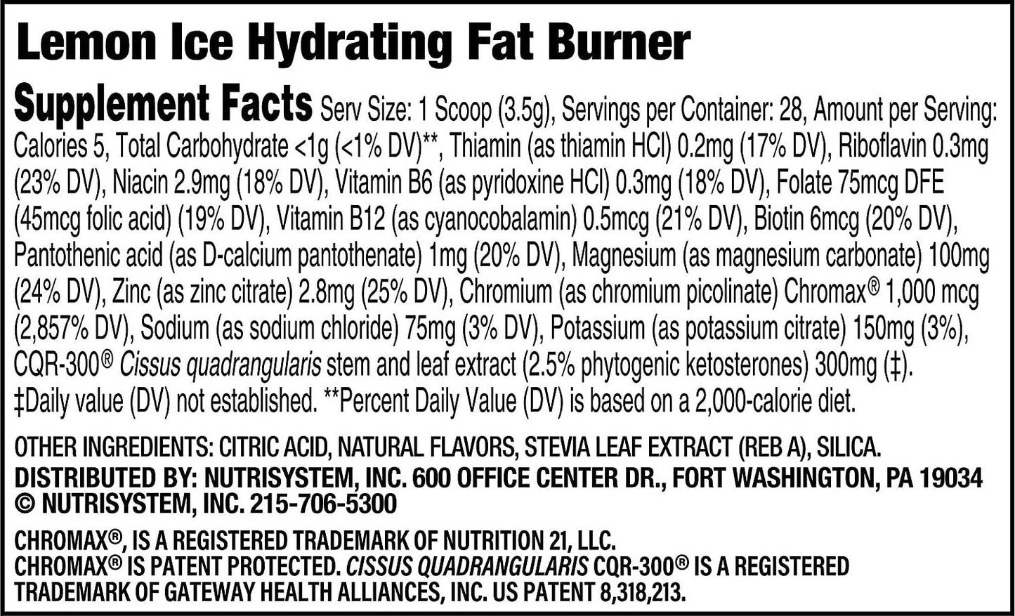 Nutrisystem Hydrating Fat Burner: Lemon Ice - 28 Servings | Mix-and-Sip Dietary Supplement