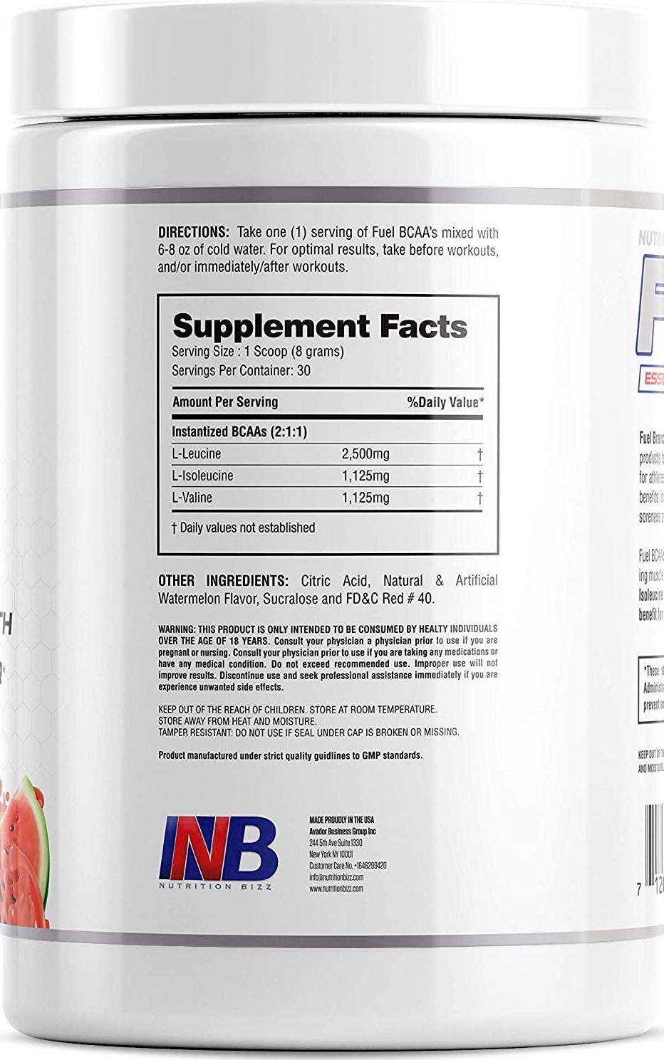 NutritionBizz Fuel 2:1:1 BCAA Powder, 5 Grams of BCAAs Amino Acids, Post Workout Recovery Drink for Muscle Building, Recovery, and Endurance, 30 Servings (Watermelon)