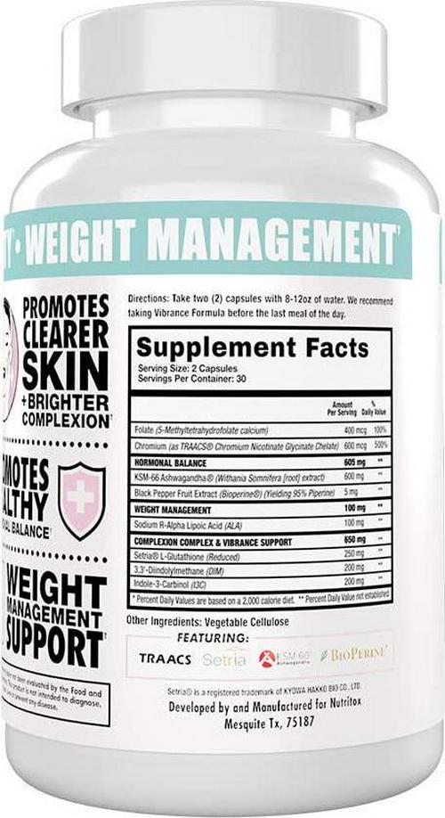 Nutritox Vibrance - Hormonal Balance for Women to Promote Weight Management, Clear Skin, and Reduce Stress - Made with Unflavored Vegetarian Capsules (60 Count)