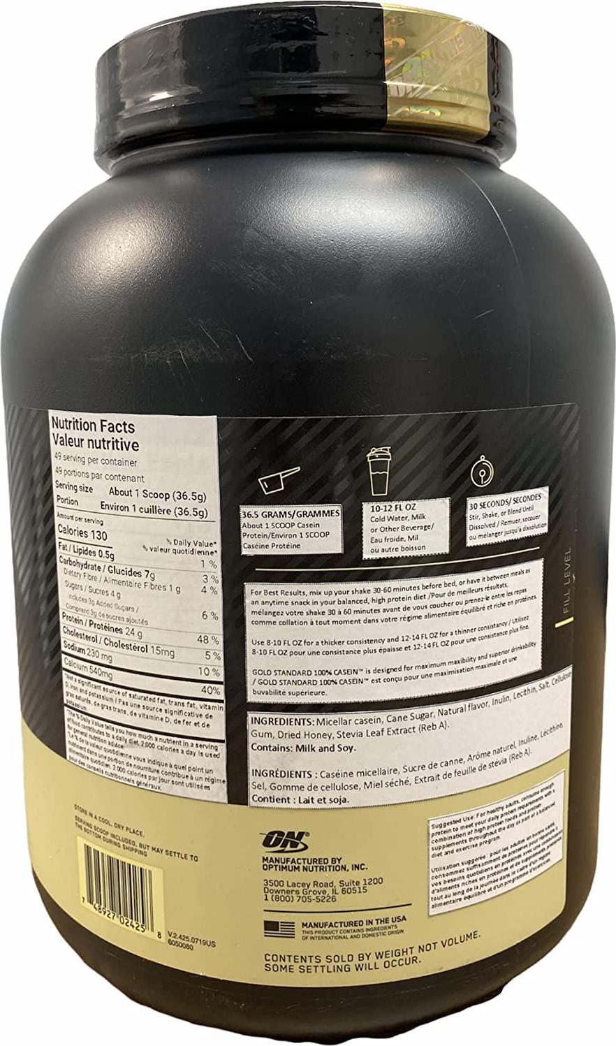 OPTIMUM NUTRITION Gold Standard 100% Casein Protein Powder, Naturally Flavored French Vanilla, 1.81 kg (Pack of 1), 1031836