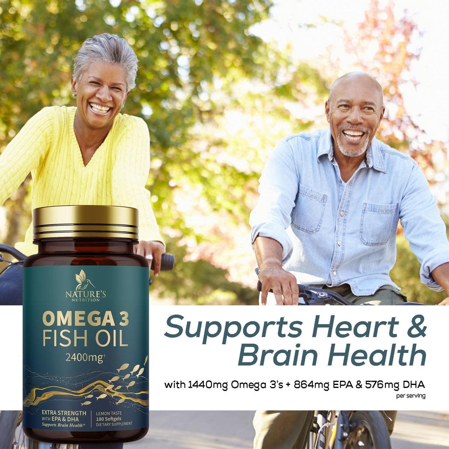 Omega 3 Fish Oil Concentrated Triple Strength 2400mg - EPA and DHA Fatty Acids Capsules, Non-GMO - 180 Softgels