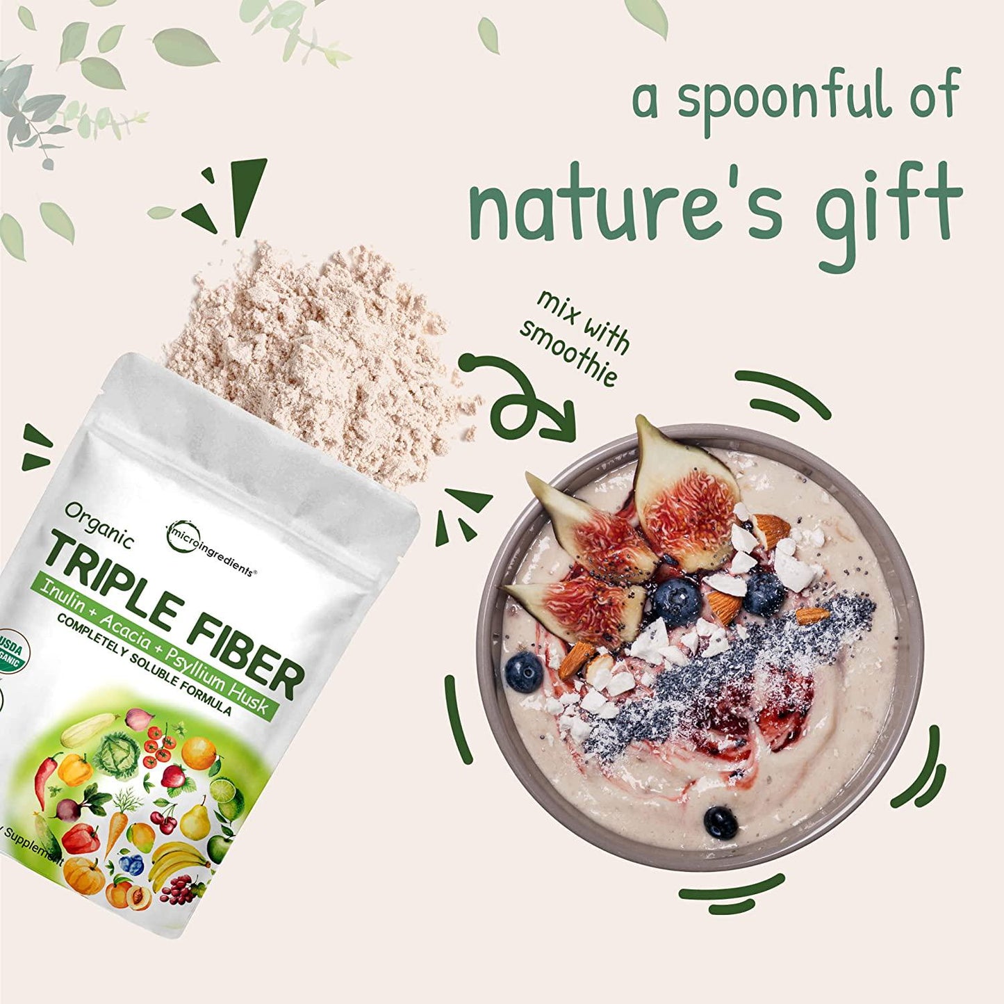 Organic Fiber Supplement (Inulin, Acacia, Psyllium Husk), 2 Pounds, 3 in 1 Fiber Formula, Daily Fiber, Unflavored, Soluble Fiber Prebiotics Supplement for Digestive Health, Hunger Control, Vegan