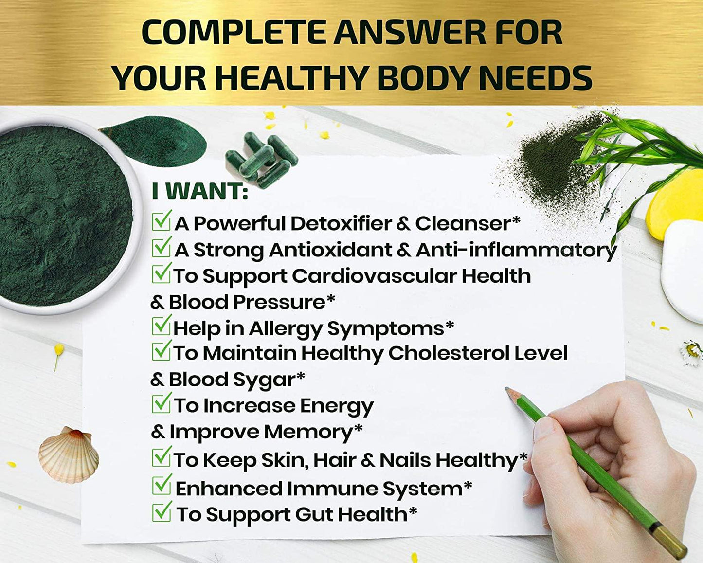 Organic Spirulina Powder Capsules 3000 mg - Purest Non-Irradiated Blue Green Algae - Best Raw Vegan Protein - Green Superfood - Natural Multivitamins – 180 Pills Made in The USA