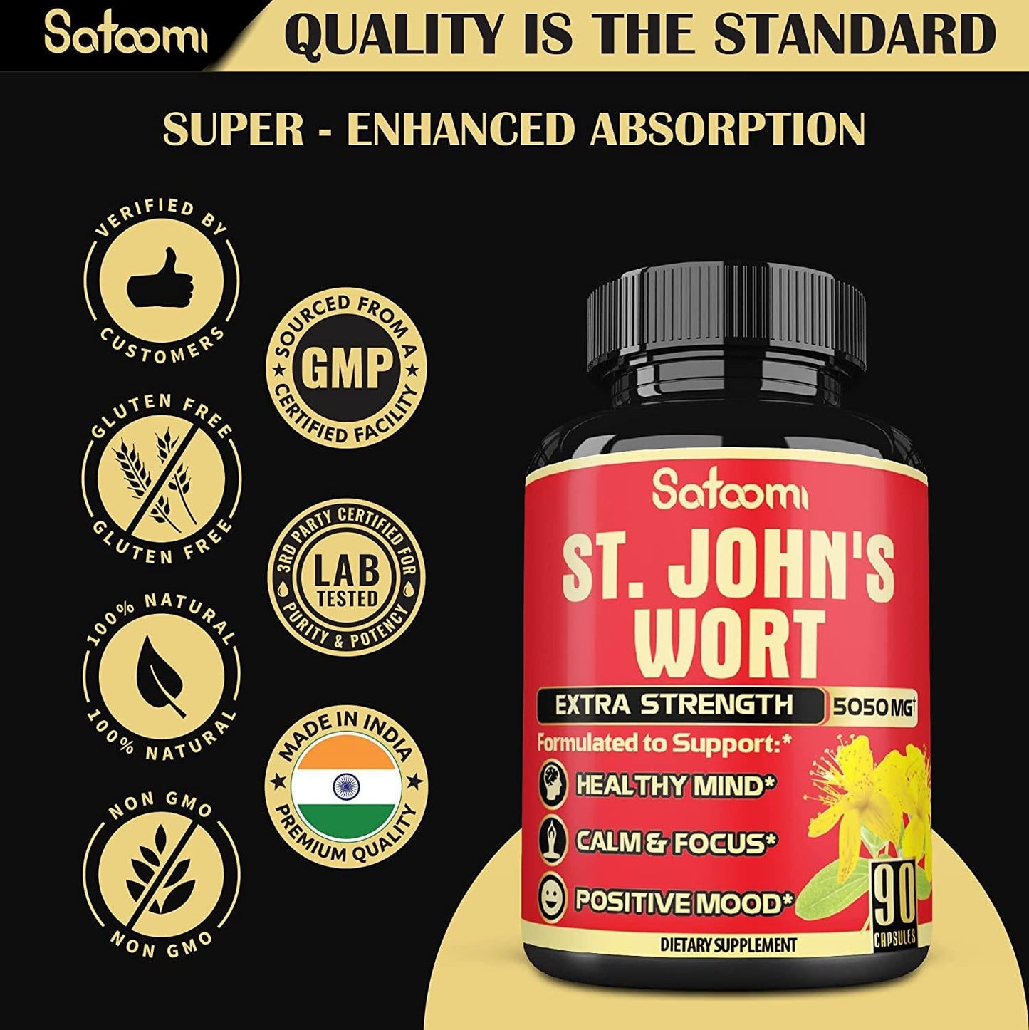 Organic St. John's Wort Extract Capsules - 6 Herbs Equivalent 5050 mg - Emotional Balance, Joyful Mood and Stress Response Support - 1 Pack 90 Veggie Caps 3-Month Supply