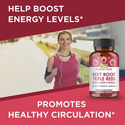 Organic Veda Beet Root Triple Reds Complex 2000mg, Nitric Oxide Extracts Supplement from Pomegranate, Watermelon, Organic Beetroot to Support Blood Pressure, Circulation, Energy, 120 Veggie Capsules