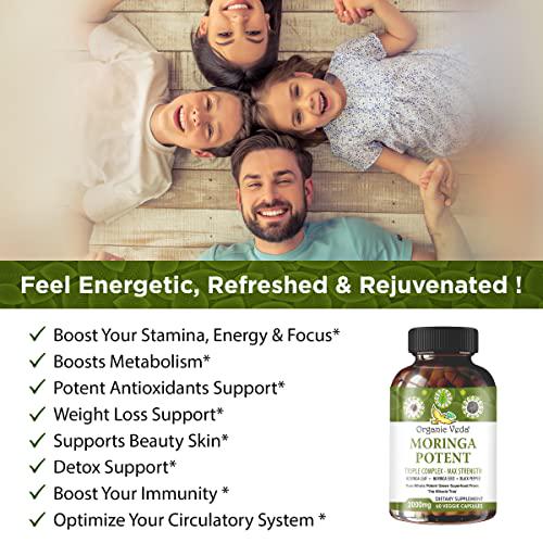 Organic Veda Moringa Potent Capsules Highest Potency Moringa Formula - Nutrient Dense Moringa Capsules Made from Moringa Leaf and Moringa Seed with Black Pepper Extract 60 Veggie, 2000mg