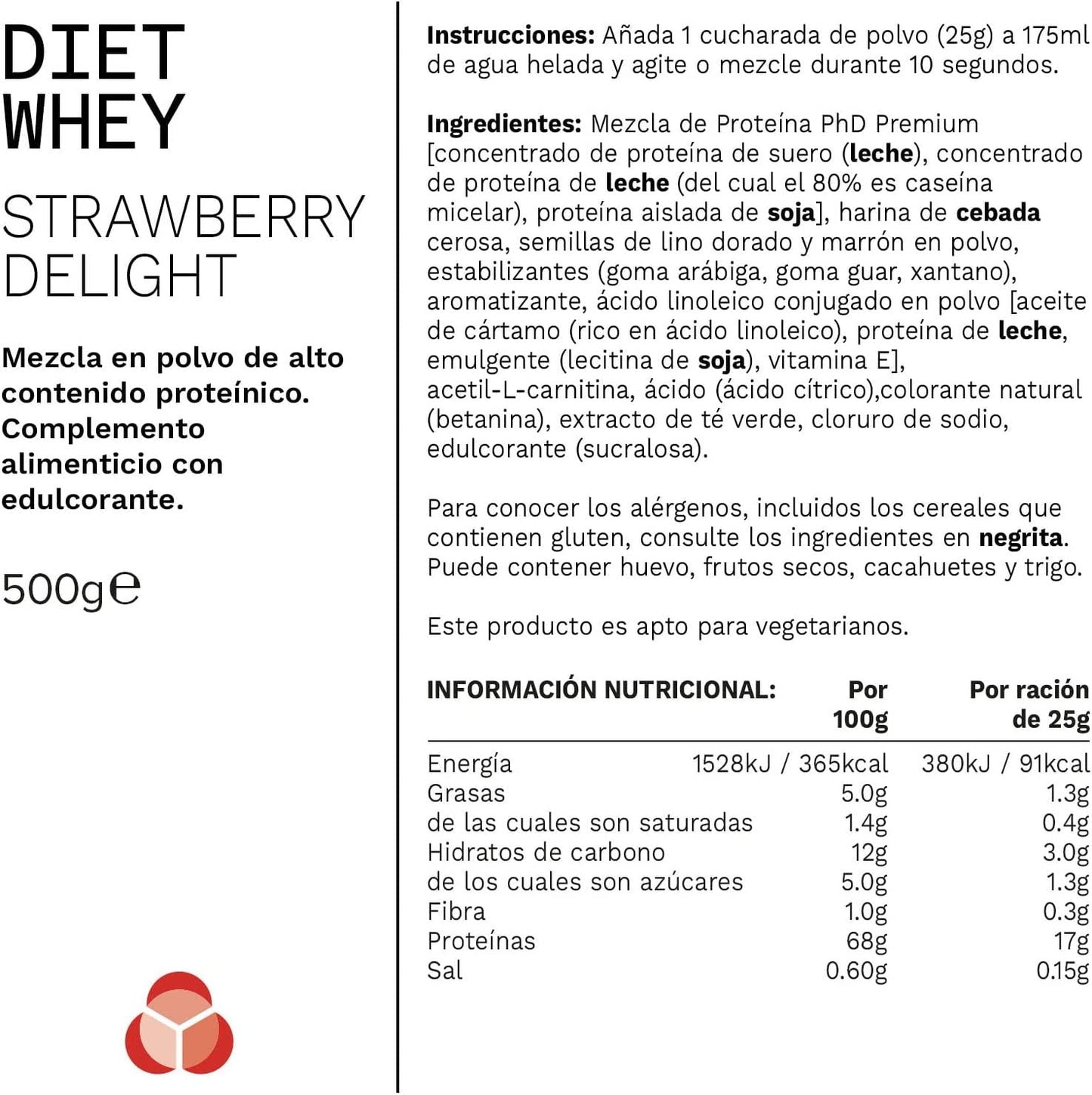 PhD Nutrition Diet Whey Protein Powder, Strawberry Delight, 500 g