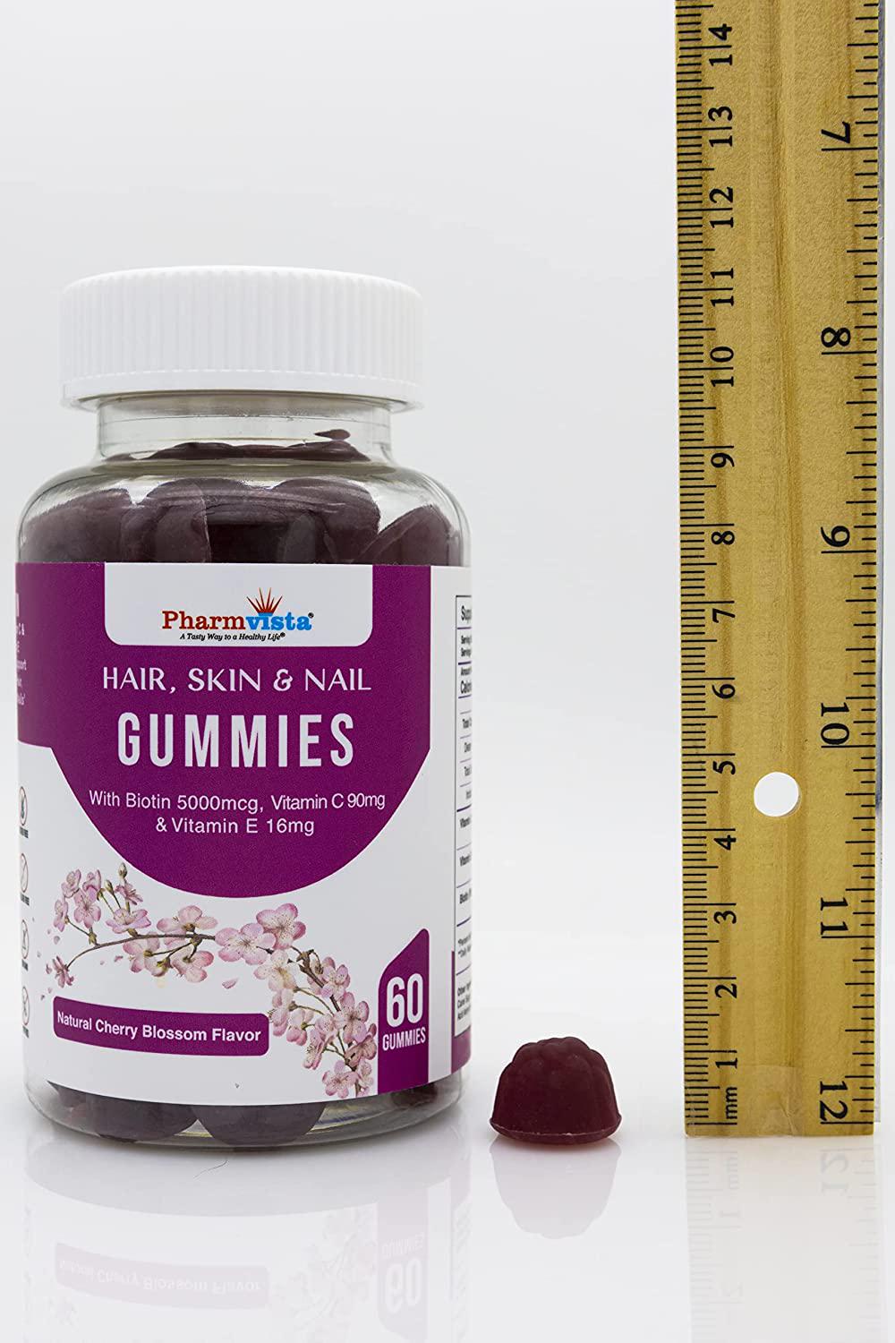 Pharmvista Hair Skin and Nail Gummies with Biotin, Vitamin C and E - Vegan, Gluten Free and Non-GMO Ingredients - 90 Count