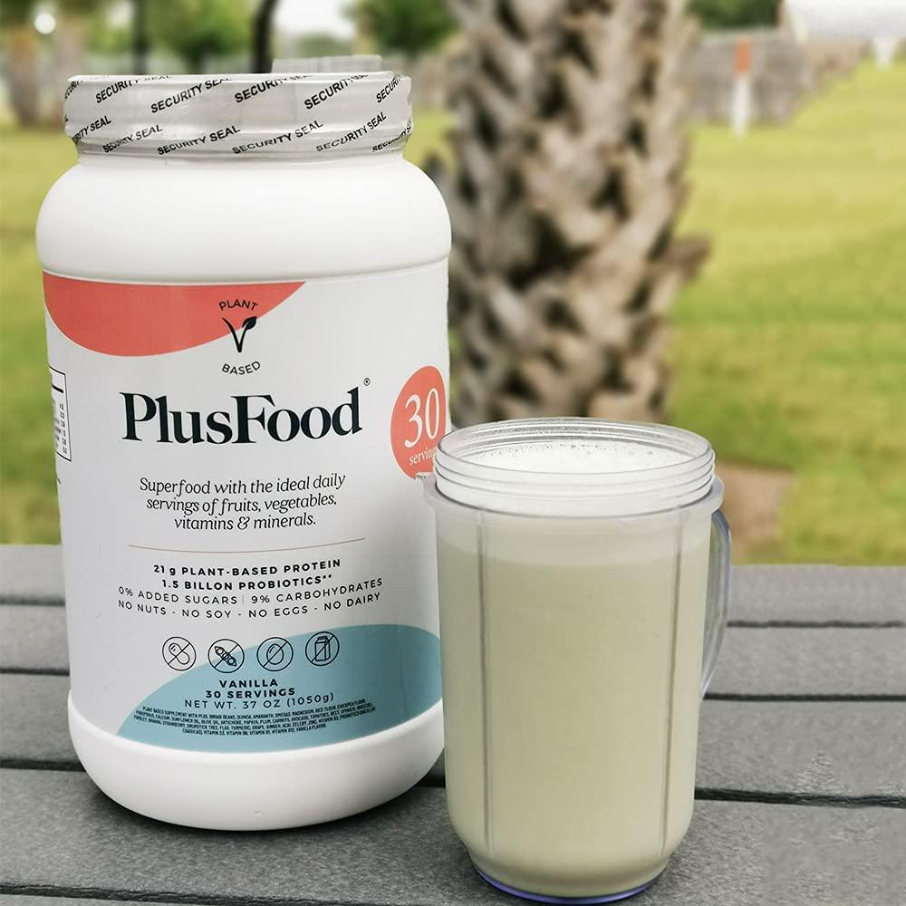 PlusFood Plant Based Protein Powder + Superfoods / Vegan Friendly / No Soy, No Eggs, No Nuts, No Dairy / No Sugar Added / Low Carbs / Vanilla Flavor / Probiotics and omegas / 30 Servings