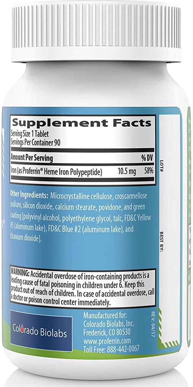 Proferrin ES Heme Iron Polypeptide Dietary Supplement Tablets, Blue/Green, 90 Count