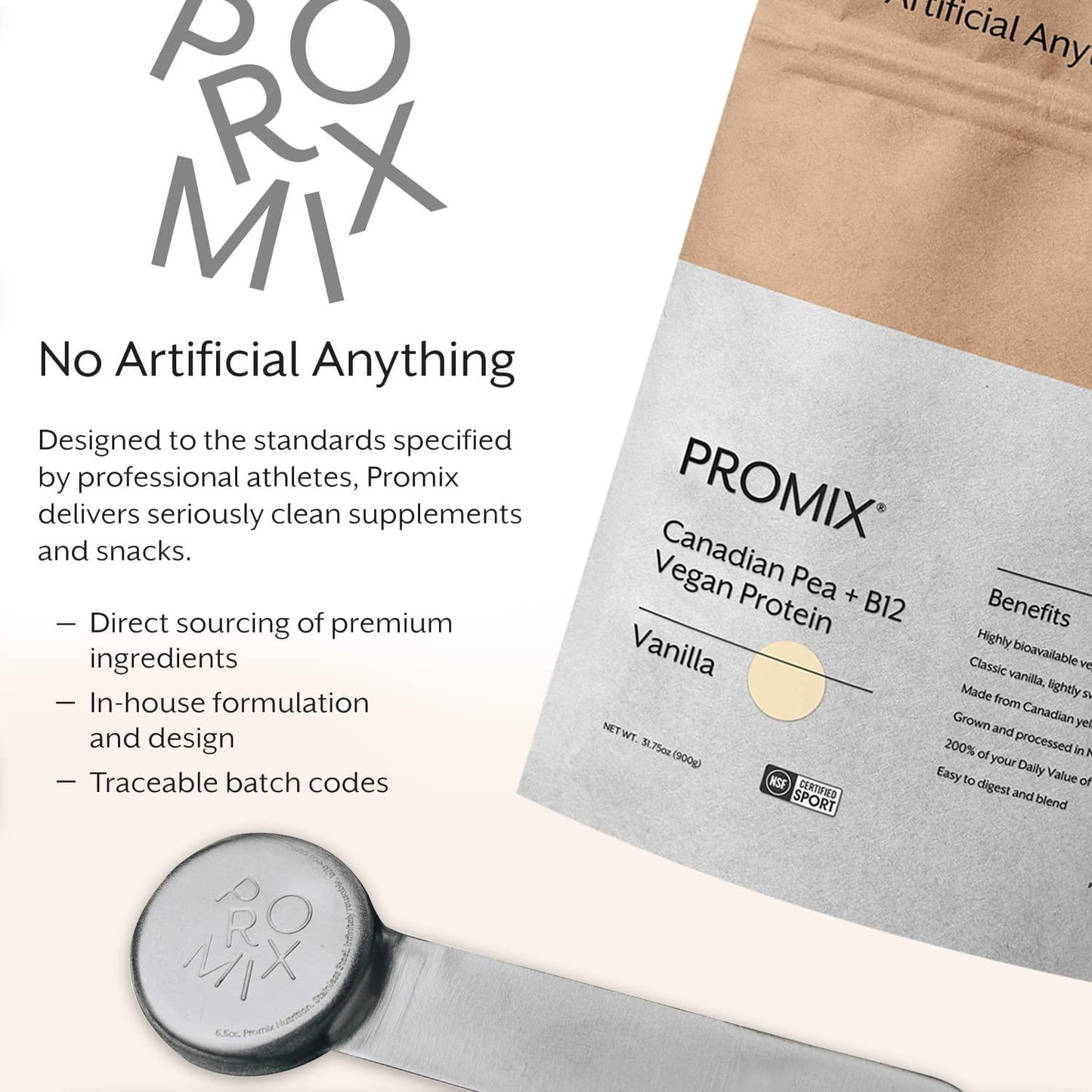 Promix Plant-Based Vegan Protein Powder, Vanilla - 2lb - Pea Protein and Vitamin B-12 - Post Workout Fitness and Nutrition Shakes, Smoothies and Cooking Recipes - Gluten-Free and NSF Certified