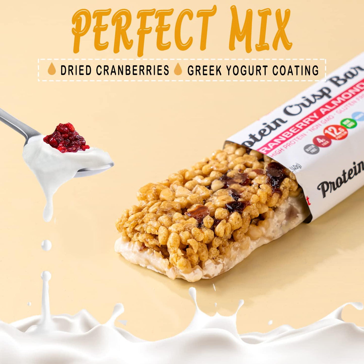 PureFit Protein Crisp Bar, Cranberry Almond, Plant Based, Low Calorie, Gluten Free, Non-GMO, Kosher, Tasty - 12g High Protein Snacks- 1.4oz (6 Count)