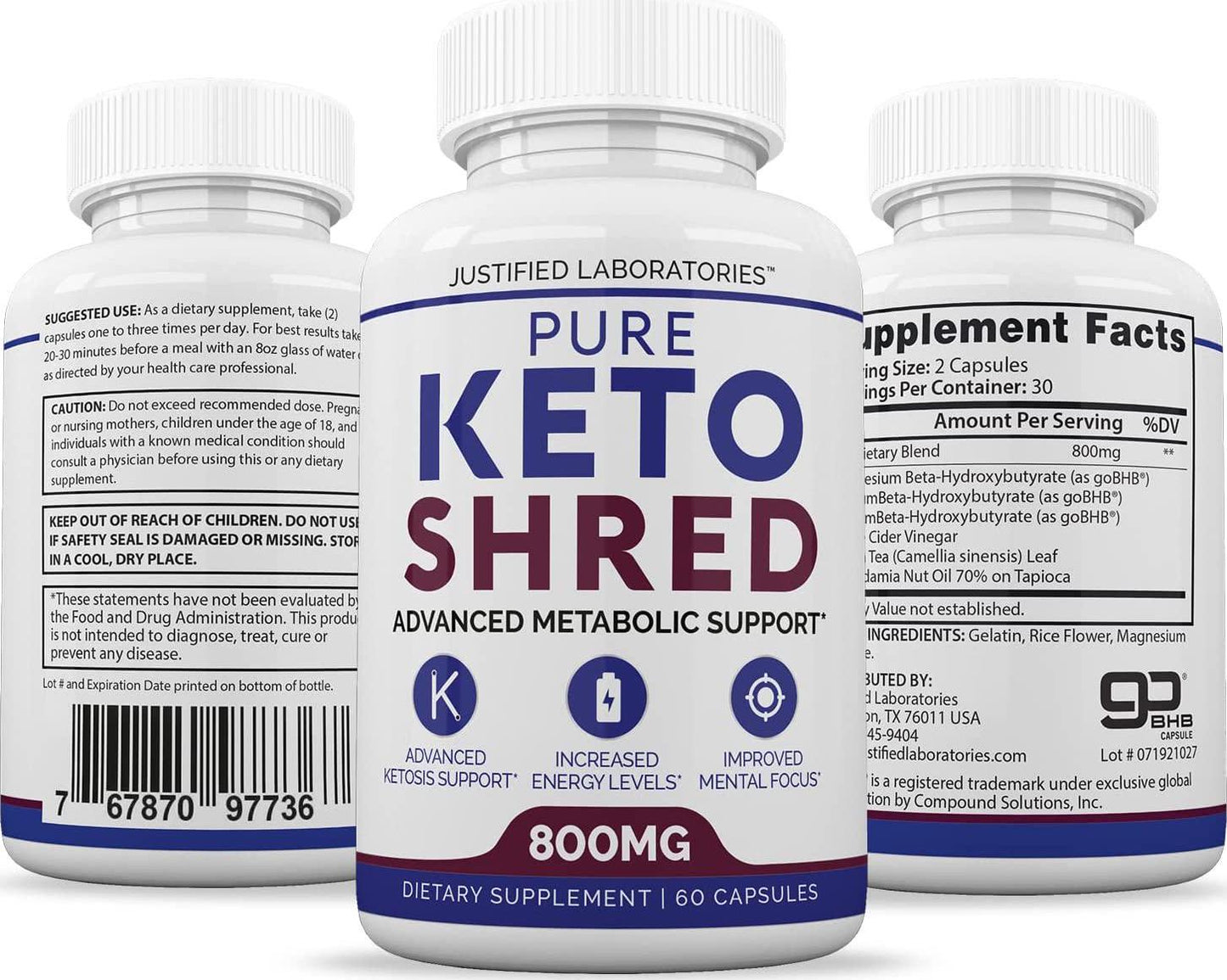 Pure Keto Shred Advanced BHB Ketogenic Supplement Exogenous Ketones Ketosis for Men Women 60 Capsules