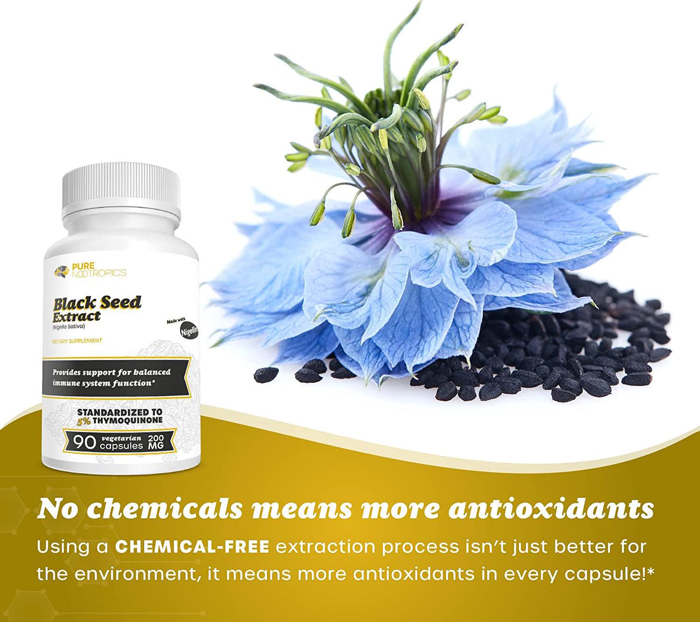 Pure Nootropics - Black Seed Oil Extract (Nigella Sativa) 200mg Capsules | 90 Veg Caps | Made with Nigellin - Standardized to 5% Thymoquinone | Immune System Support, Healthy Cardiovascular System