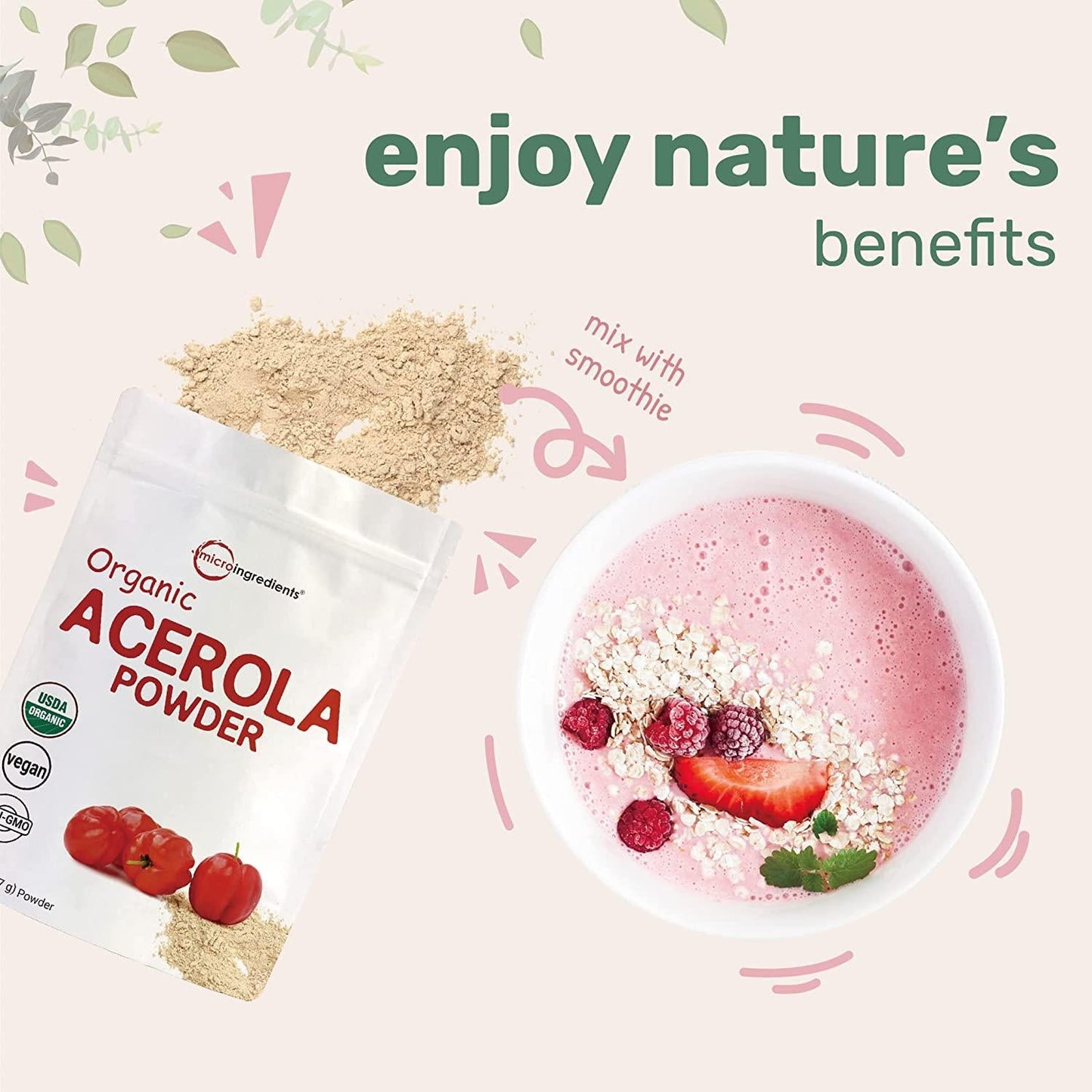 Pure USDA Organic Acerola Cherry Powder, Natural and Organic Vitamin C Powder, 8 Ounce, No GMOs and Vegan Friendly, 2 Pack