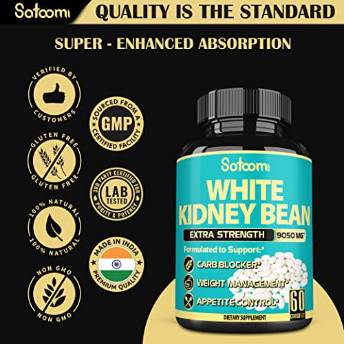 Pure White Kidney Bean Capsules -4 Month Supply- Equivalent to 9050mg of 6 Herbs - Support Carbs Management, Body Building and Starch Blocking- 120 Count