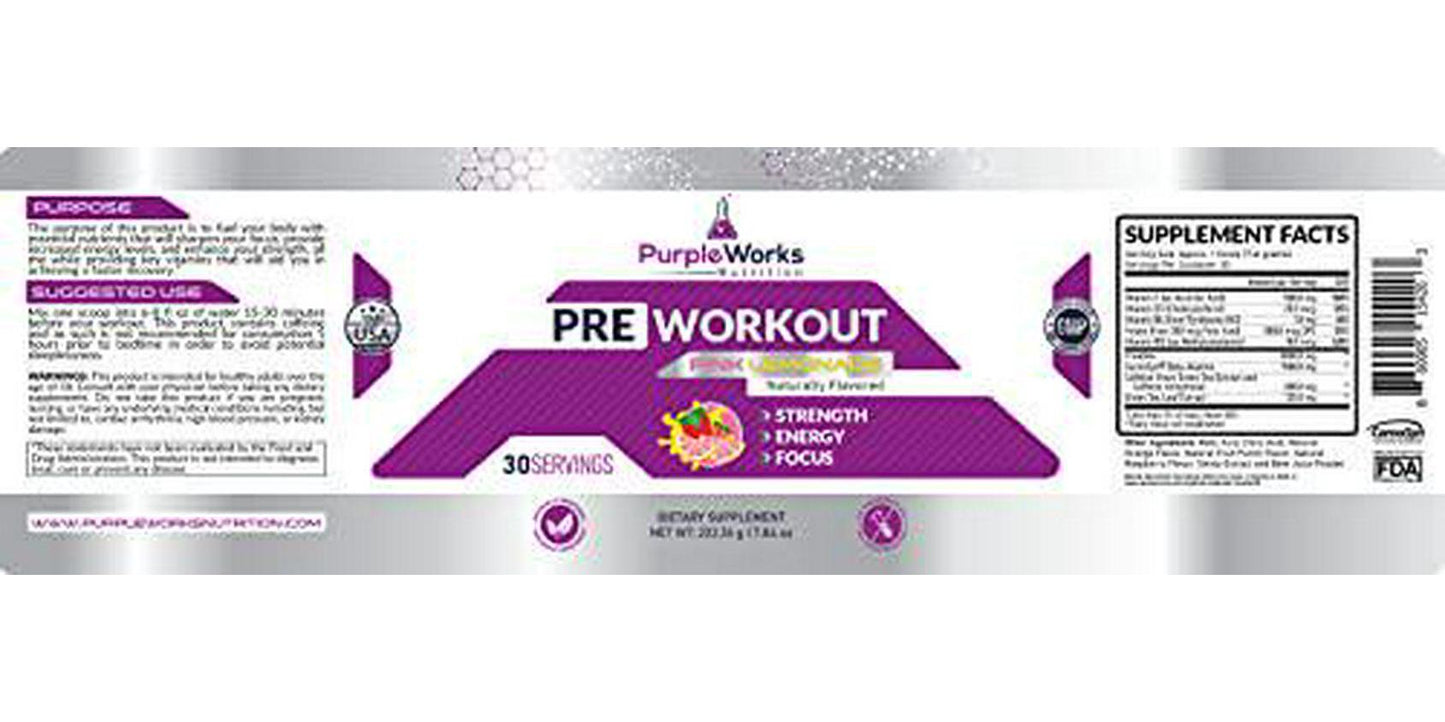 PurpleWorks Pre-Workout, Pre-Workout for Men and Women, Made in USA, Vitamin D for Muscle and Immune Health, Creatine and Beta-Alanine for Strength, Caffeine and B Vitamins for Energy and Focus, Pink Lemonade
