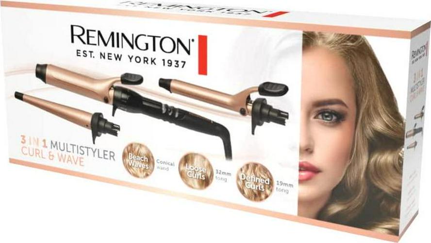 REMINGTON 3 in 1 Multistyler Curl and Wave, CI97MS3AU, Curling Wand With 3 Interchangeable Ceramic Barrels, Variable Heat Up To 220°C, Ionic Technology For Smooth and Shiny Hair, Rose Gold, Brown