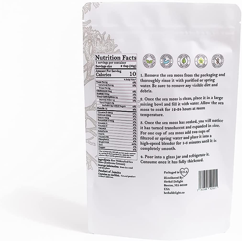 Raw Wild Crafted Sea Moss - Organic and 100% Genuine All-Natural Vegan Supplement - 4 Ounces Live Sea Moss Superfood Completely Unprocessed and Usable for Gel, Food Substitute, Drink, and More