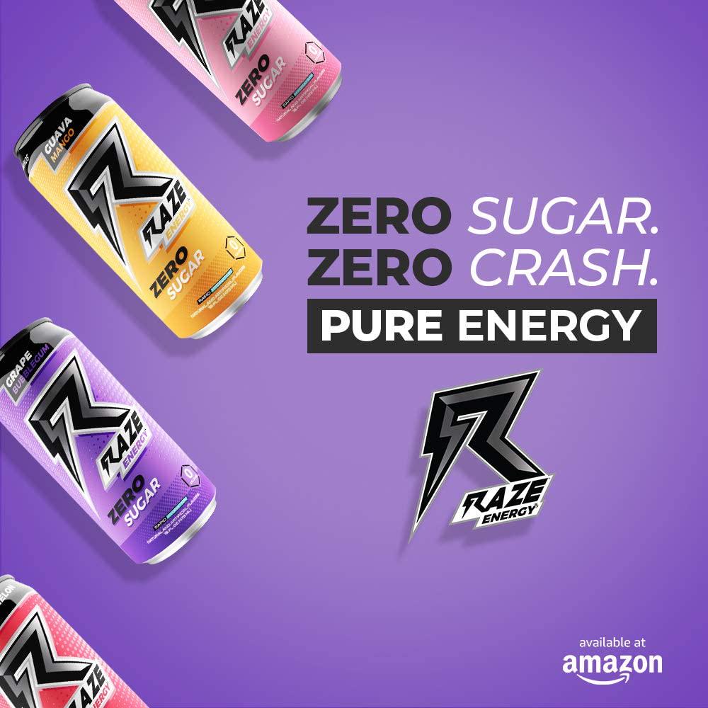 Raze Zero Sugar Energy Drink, 300mg Caffeine, Zero Calories, Sugar Free Energy Drink, Performance and Hydration, Guava Mango 12 Pack