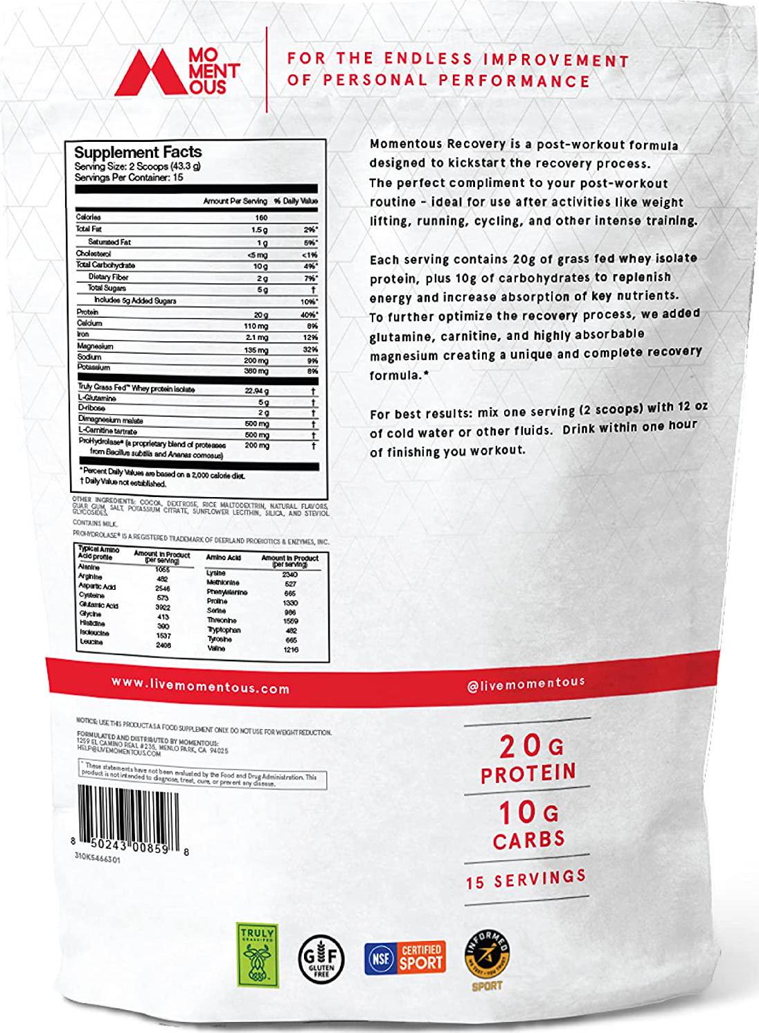 Recovery Grass-Fed Whey Protein Isolate, Post-Workout Protein Powder, 15 Servings, Gluten-Free, NSF Certified (Chocolate)